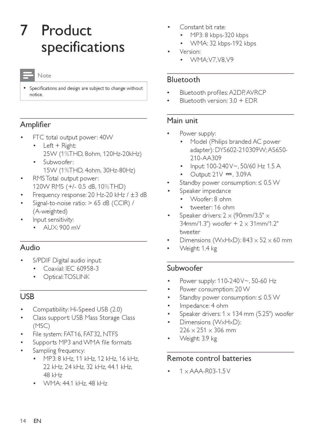 Philips HTL3110B user manual Amplifier, Audio, Bluetooth, Main unit, Subwoofer, Remote control batteries 