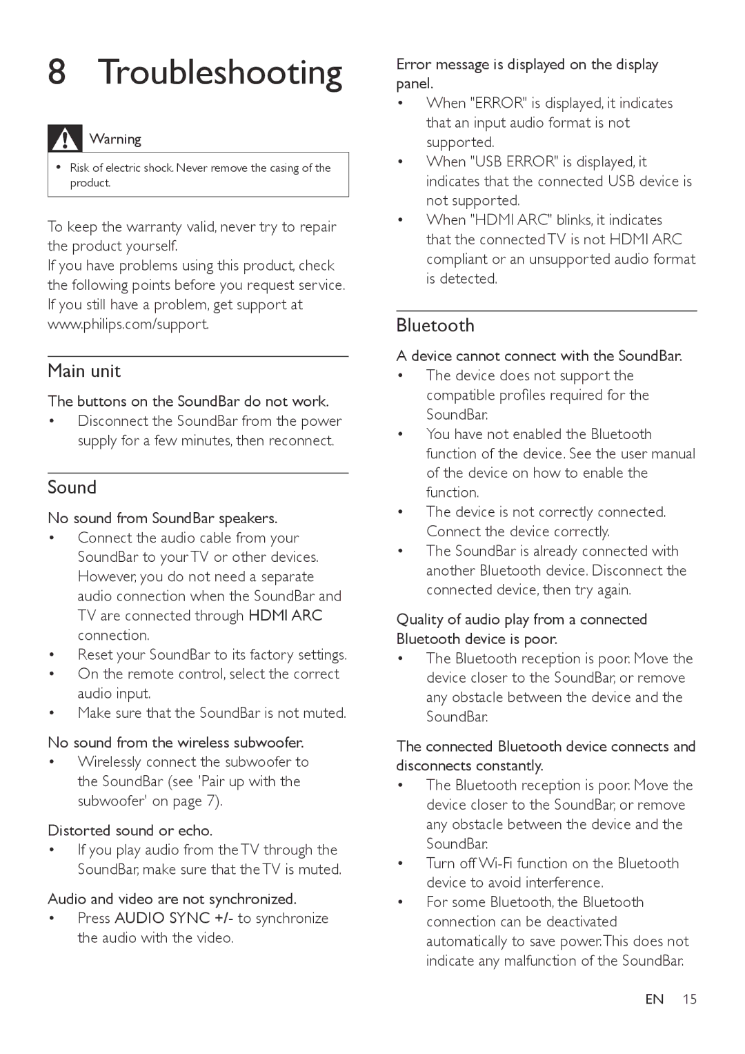 Philips HTL3110B user manual Troubleshooting, Buttons on the SoundBar do not work, Distorted sound or echo 