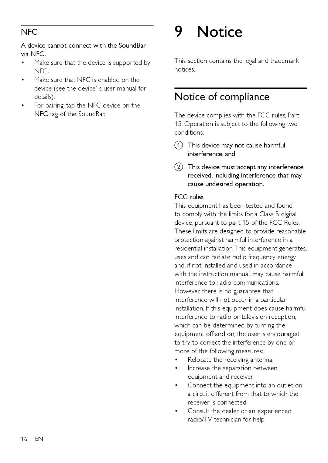 Philips HTL3110B user manual Nfc, FCC rules Relocate the receiving antenna 