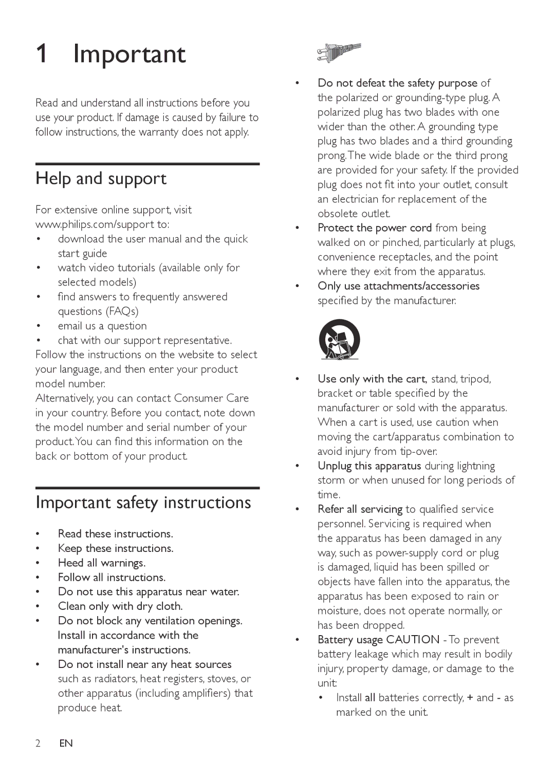 Philips HTL3110B user manual Help and support, Important safety instructions 