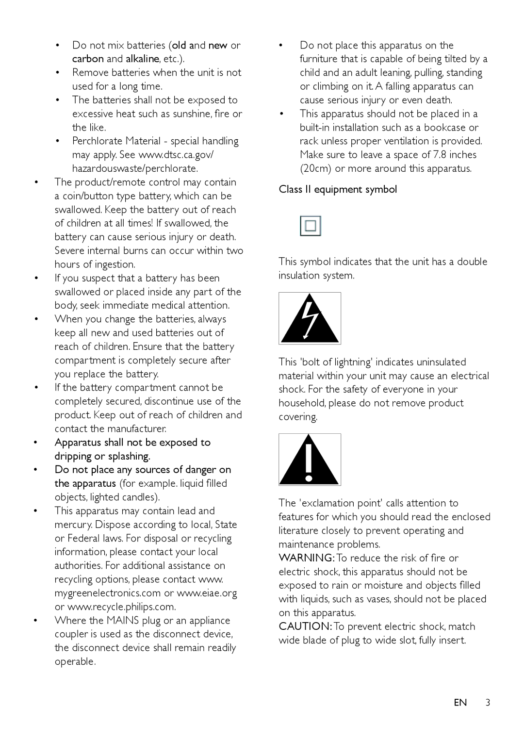 Philips HTL3110B user manual Apparatus shall not be exposed to dripping or splashing 