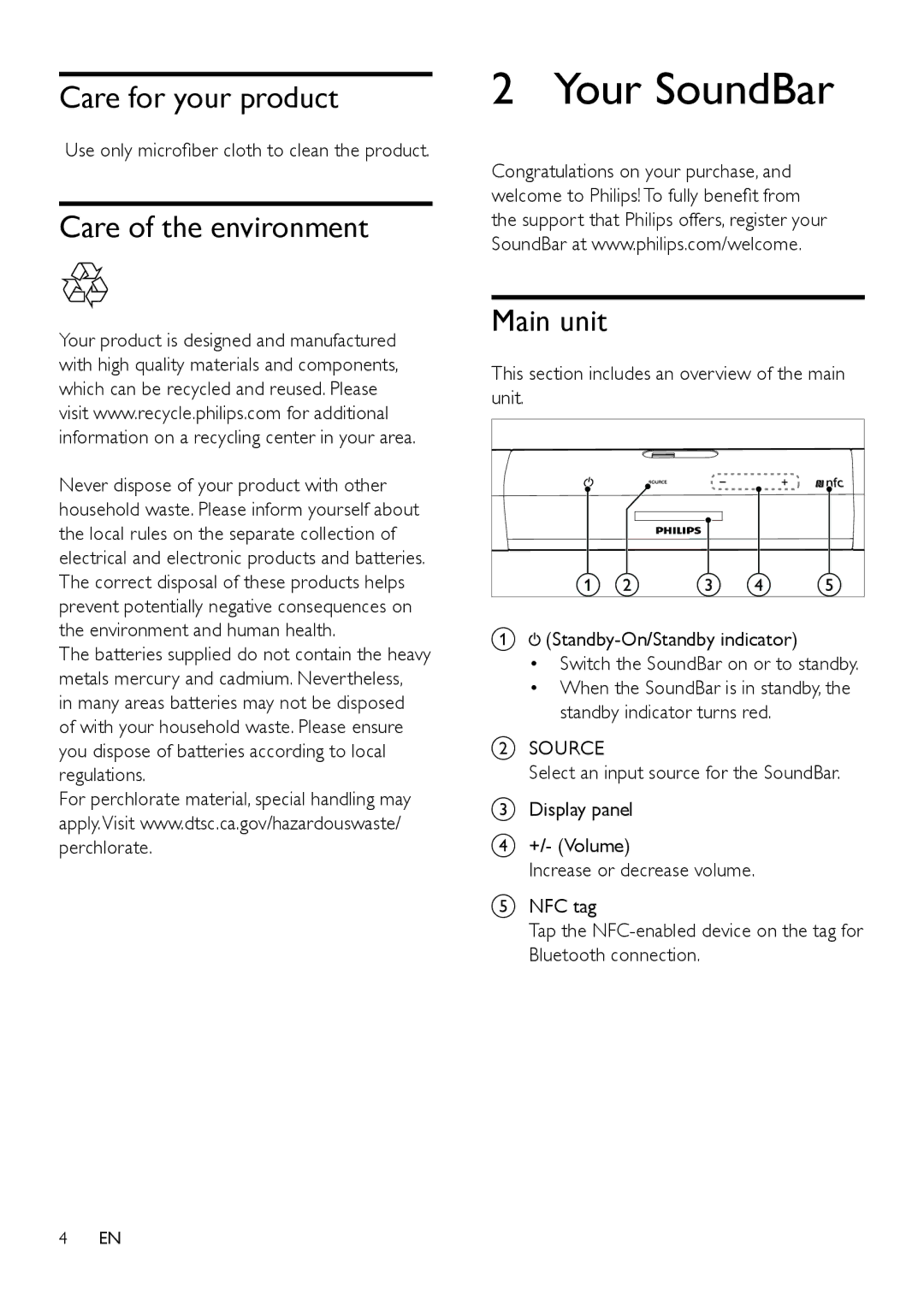 Philips HTL3110B user manual Your SoundBar, Care for your product, Care of the environment, Main unit, Source 