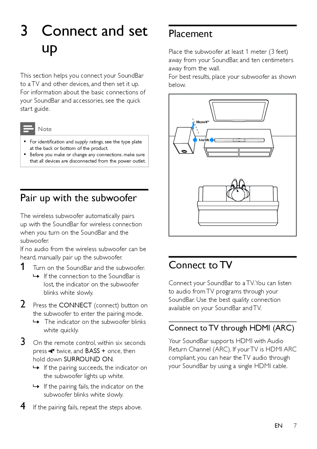 Philips HTL3110B user manual Connect and set up, Placement, Pair up with the subwoofer, Connect to TV through Hdmi ARC 