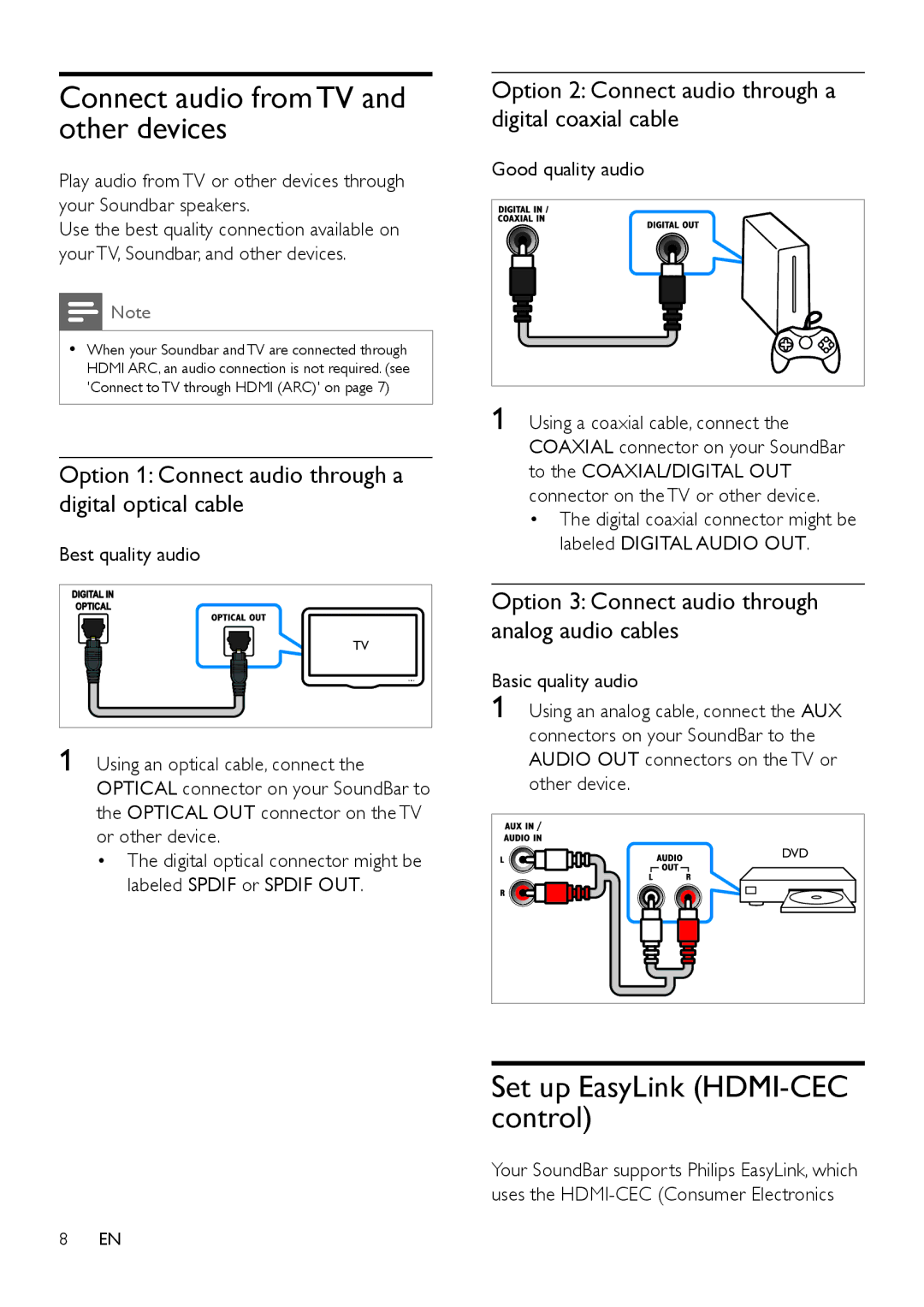 Philips HTL3120 user manual Connect audio from TV and other devices, Set up EasyLink HDMI-CEC control 