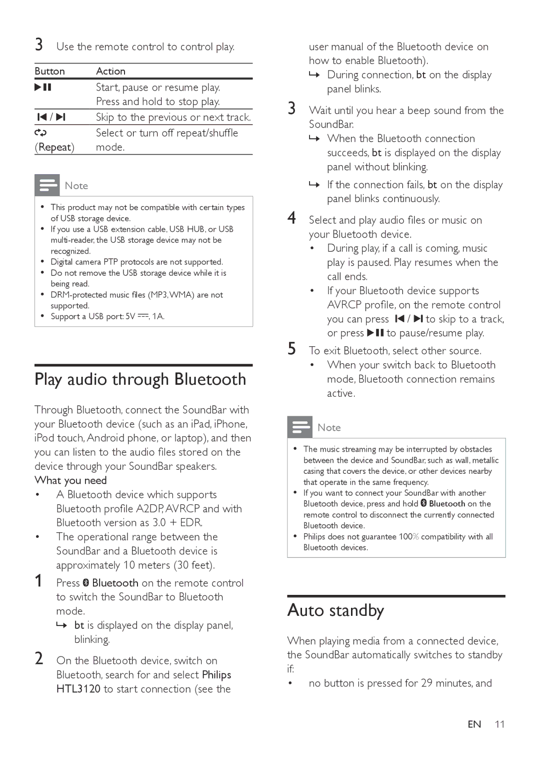 Philips HTL3120 user manual Play audio through Bluetooth, Auto standby 