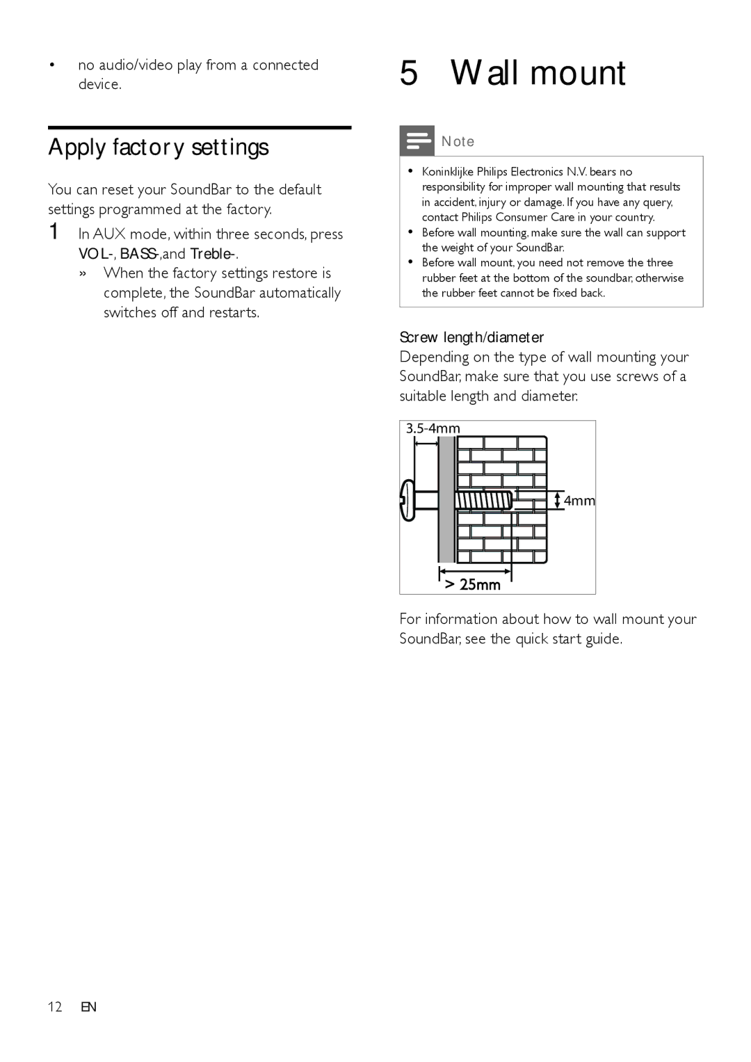 Philips HTL3120 Wall mount, Apply factory settings, No audio/video play from a connected device, Screw length/diameter 