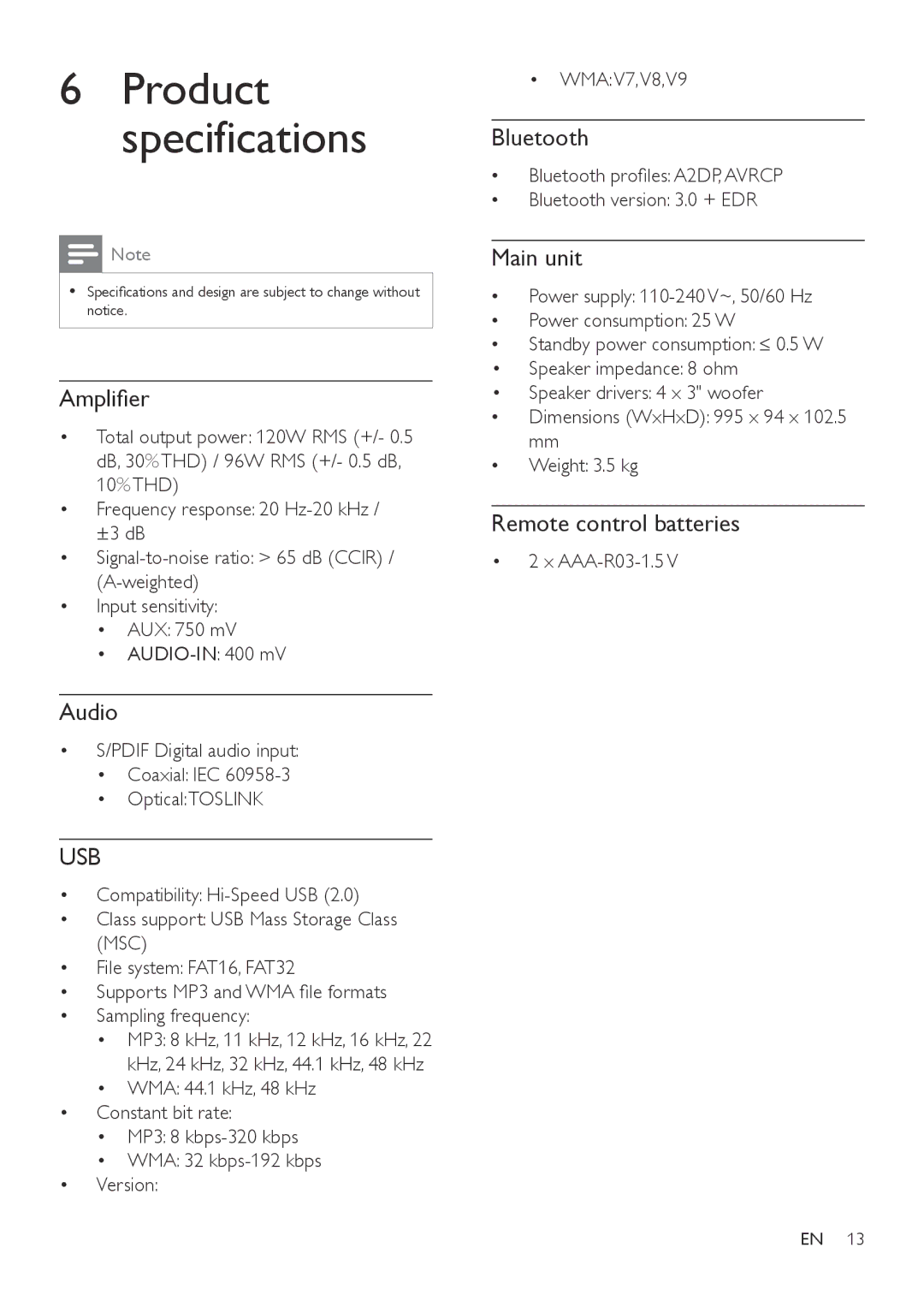 Philips HTL3120 user manual Amplifier, Audio, Bluetooth, Main unit, Remote control batteries 