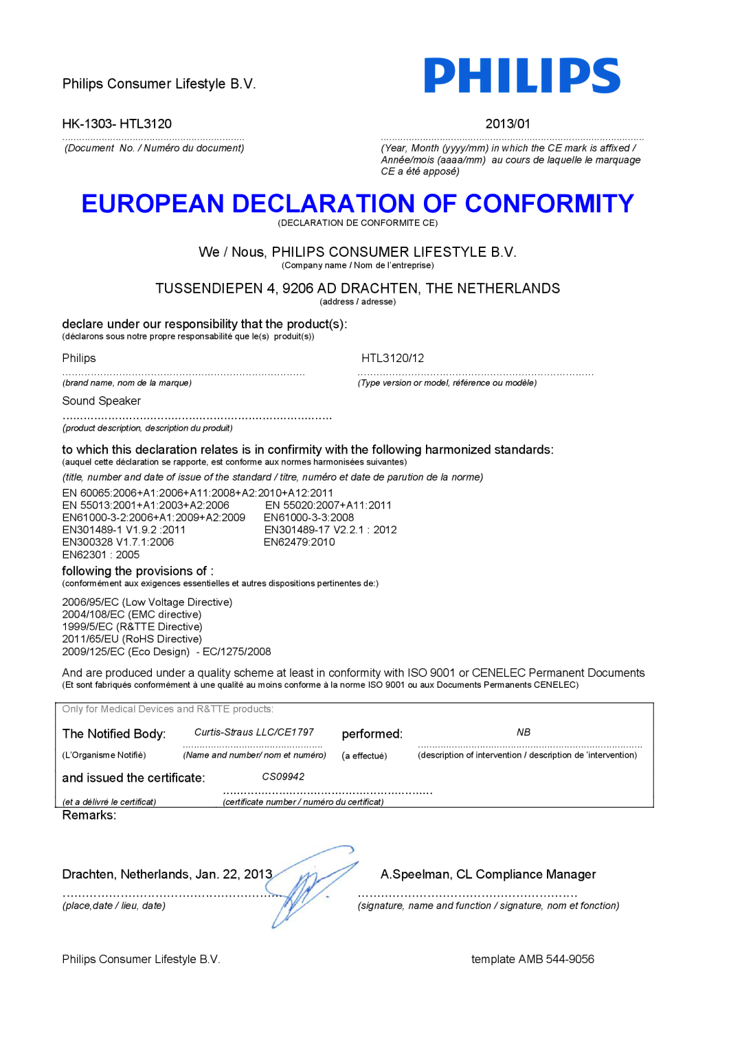 Philips HTL3120 user manual European Declaration of Conformity 