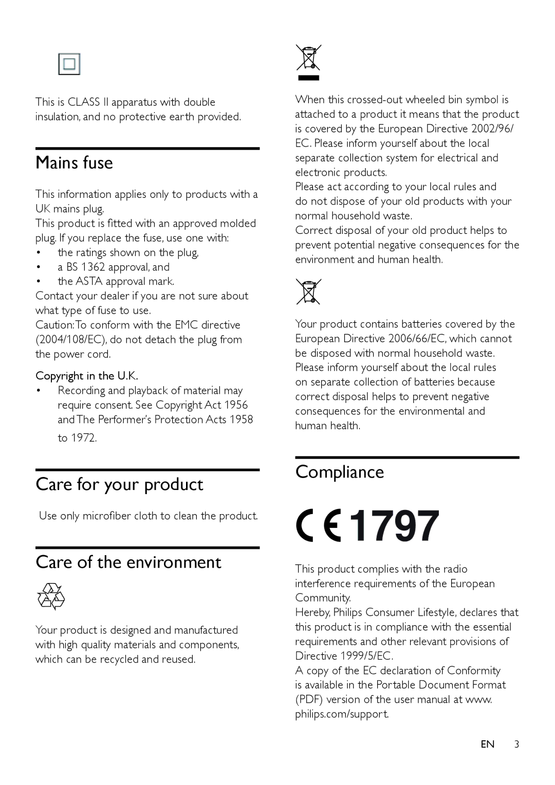 Philips HTL3120 user manual Mains fuse, Care for your product, Care of the environment, Compliance 