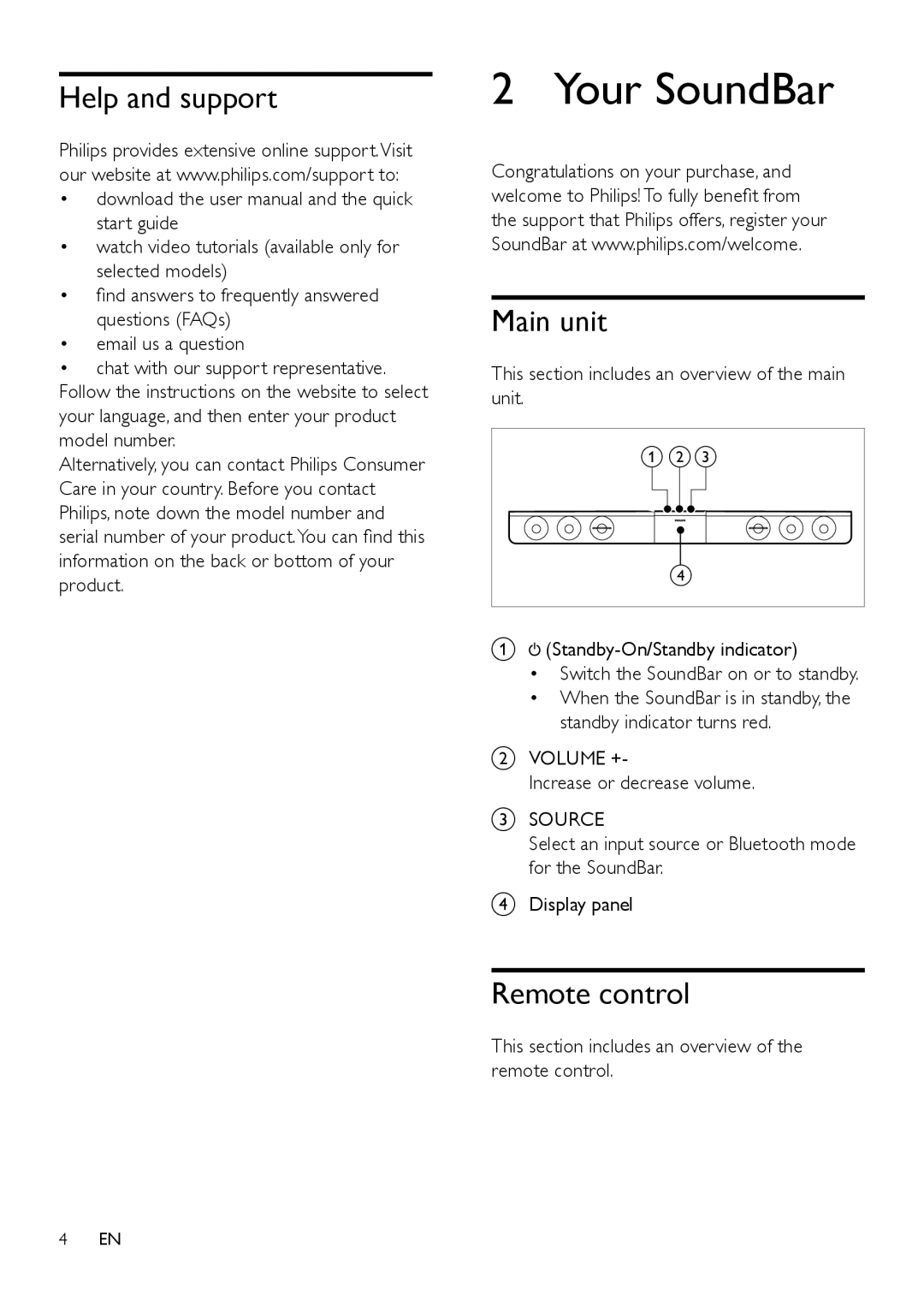 Philips HTL3120 user manual Your SoundBar, Help and support, Main unit, Remote control 