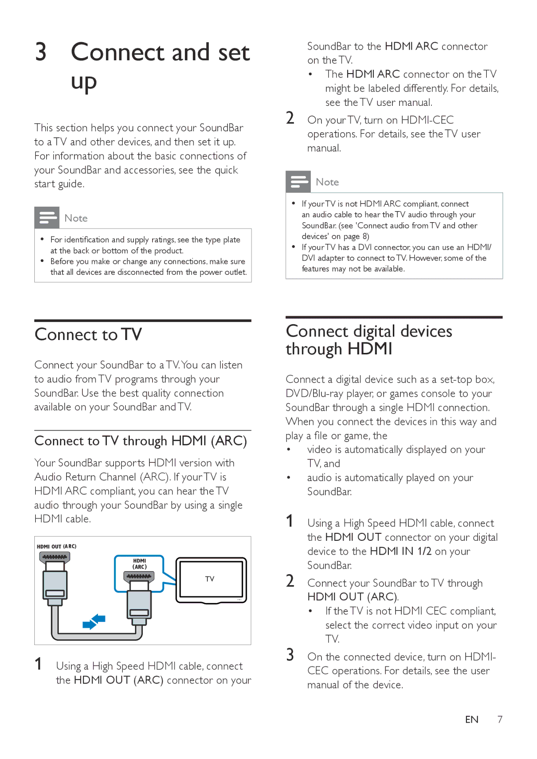 Philips HTL3120 Connect and set up, Connect to TV through Hdmi ARC, SoundBar to the Hdmi ARC connector on the TV 