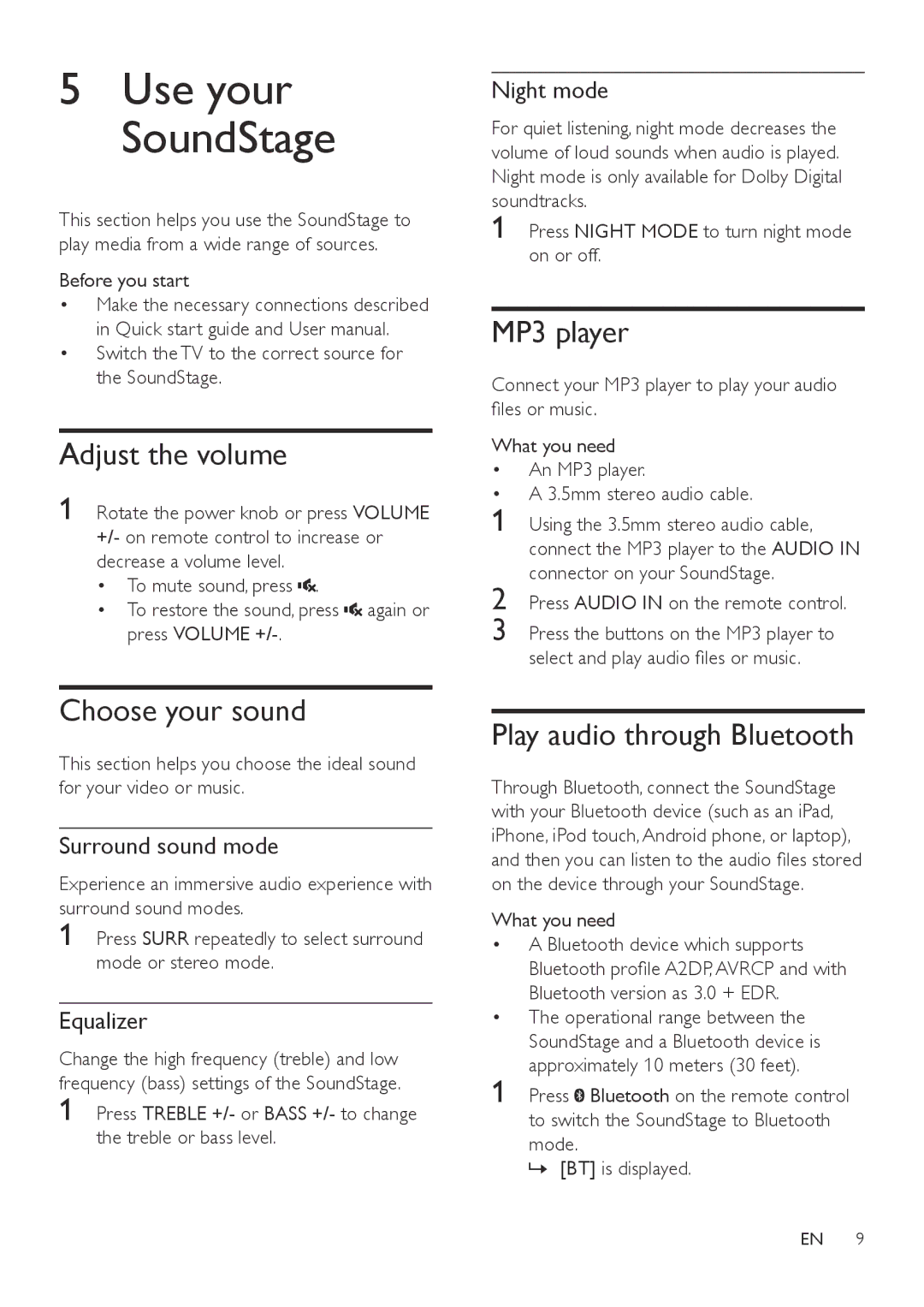 Philips HTL4110B user manual Adjust the volume, Choose your sound, MP3 player, Play audio through Bluetooth 