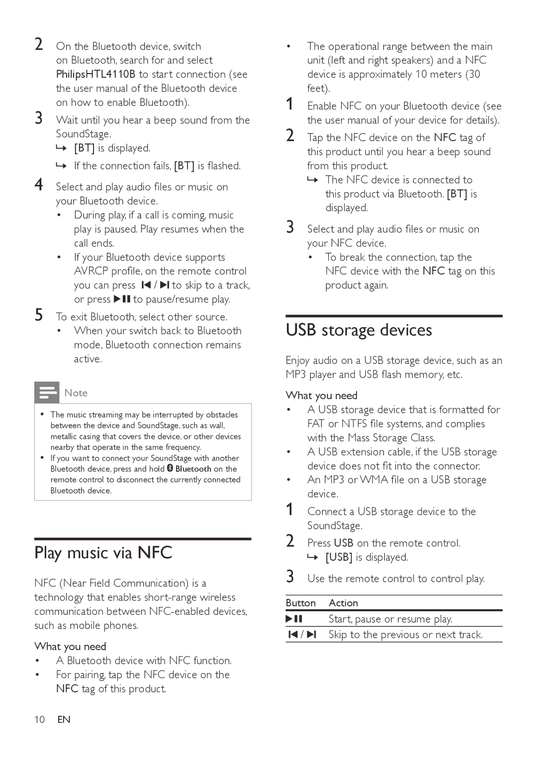 Philips HTL4110B user manual Play music via NFC, USB storage devices, Call ends If your Bluetooth device supports 