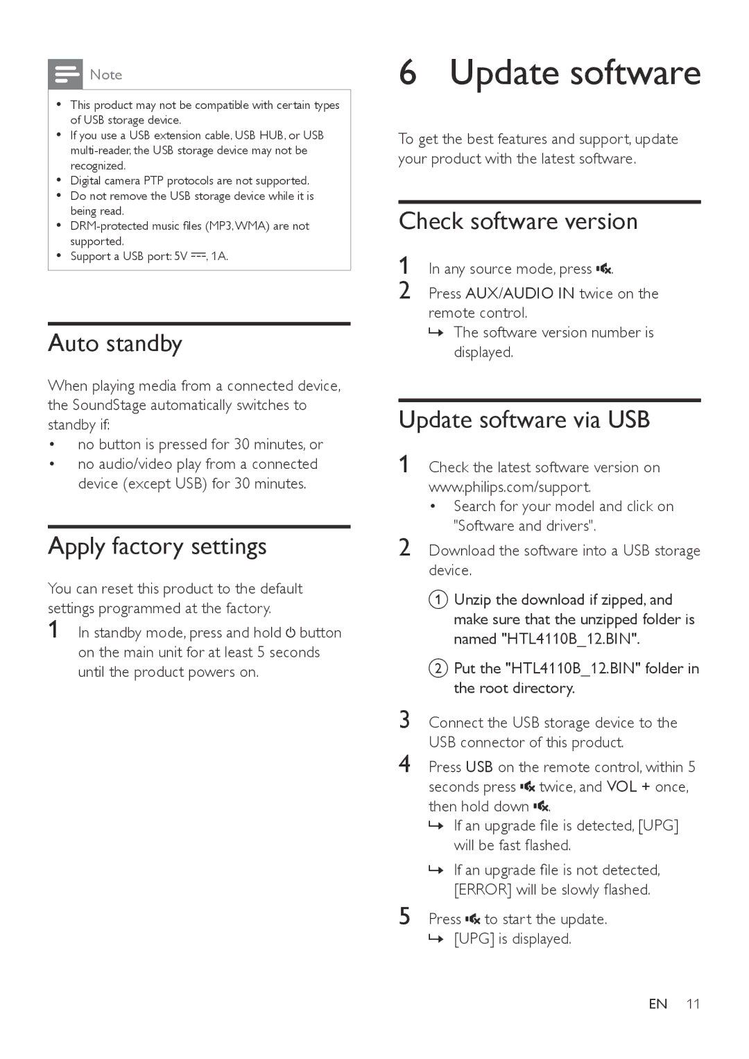 Philips HTL4110B user manual Auto standby, Apply factory settings, Check software version, Update software via USB 