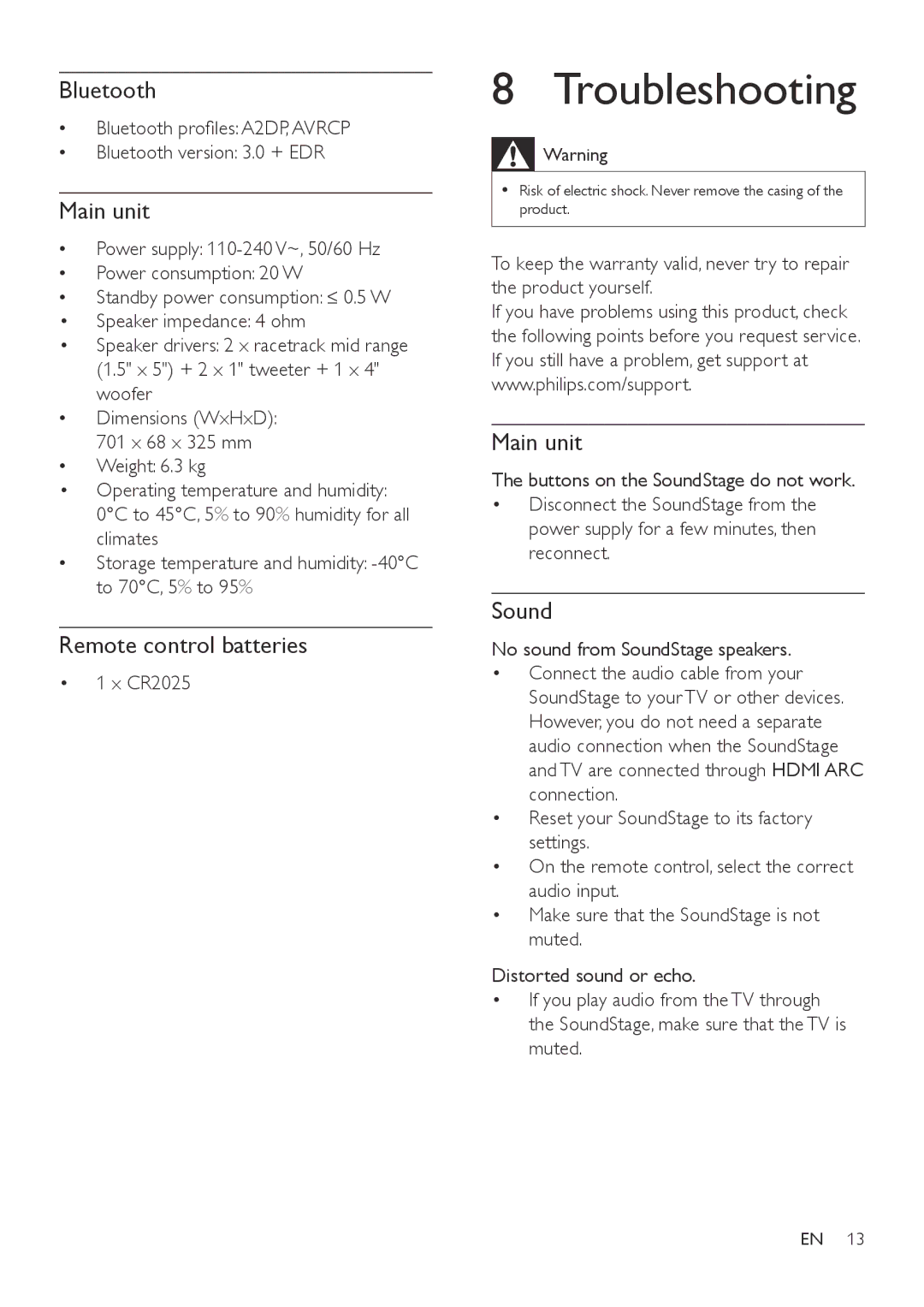 Philips HTL4110B user manual Troubleshooting, Bluetooth, Main unit, Remote control batteries, Sound 