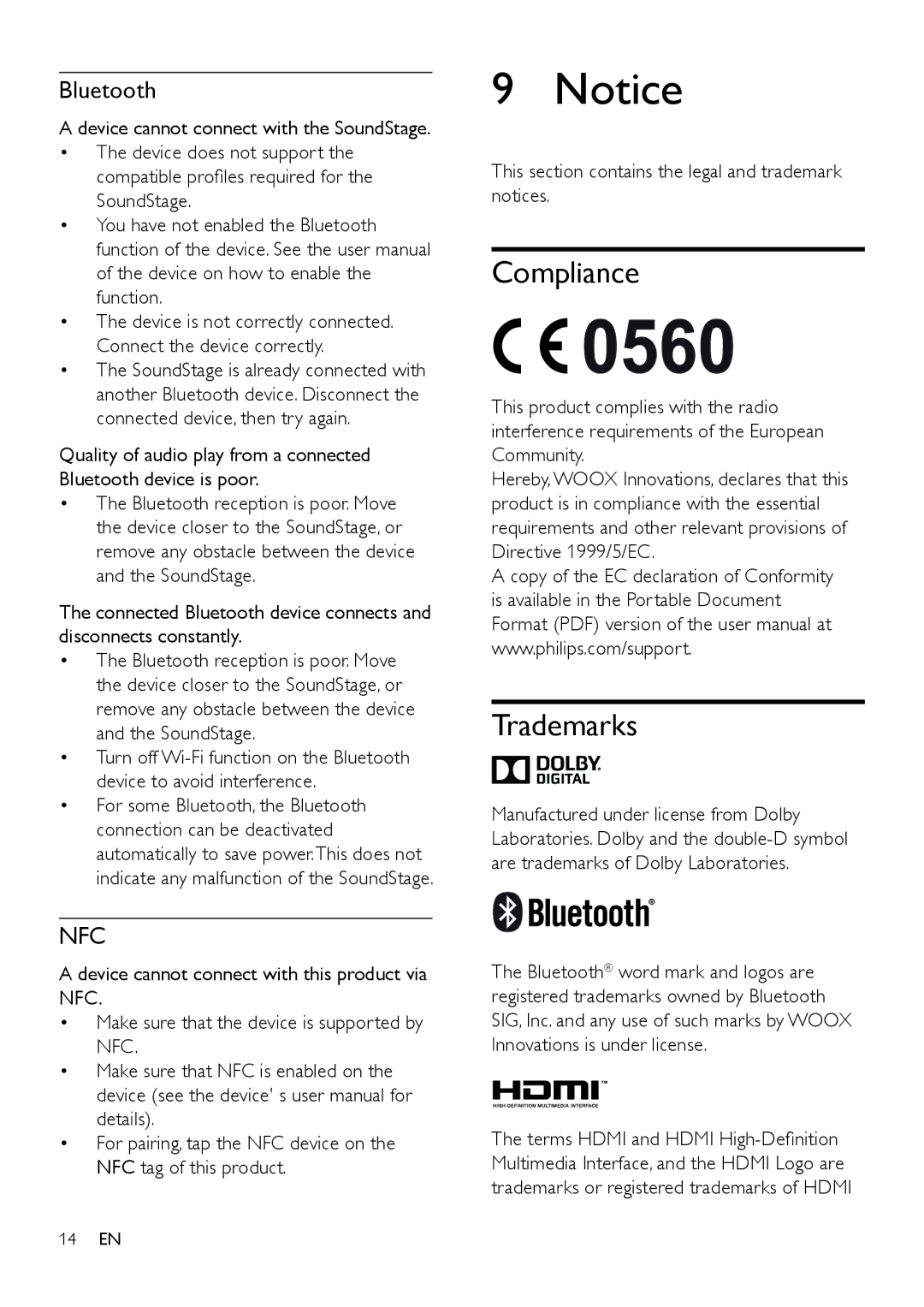 Philips HTL4110B user manual Compliance, Trademarks, Device cannot connect with the SoundStage 