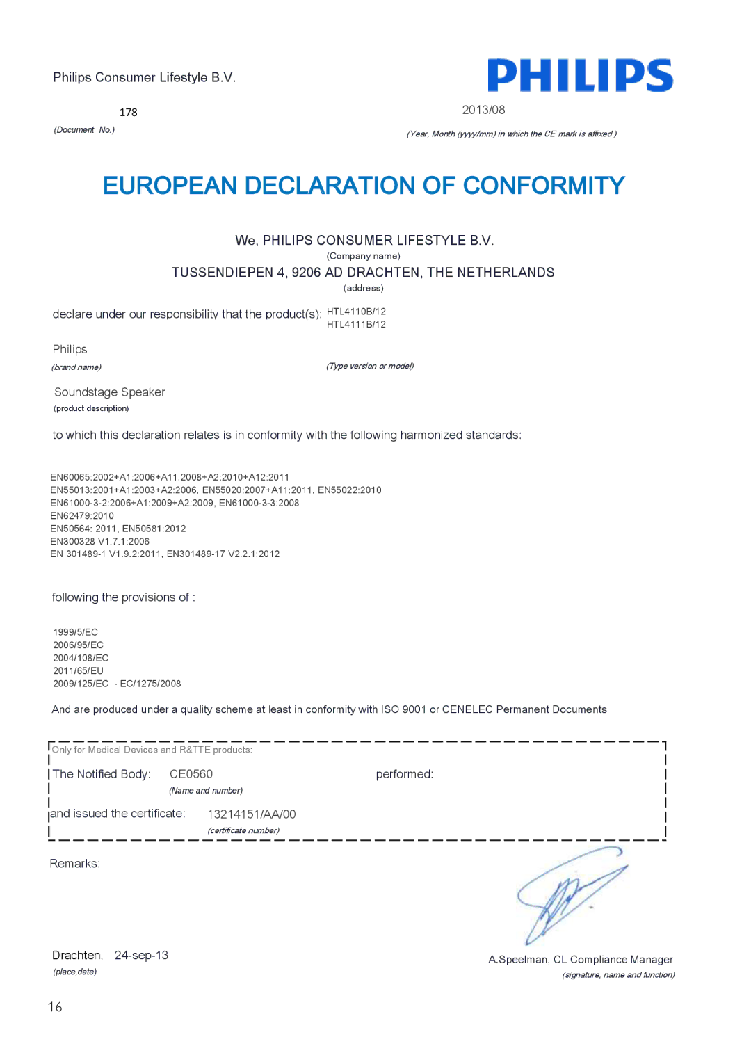 Philips HTL4110B user manual European Declaration of Conformity 