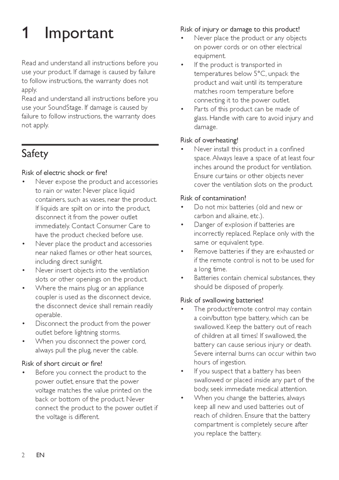 Philips HTL4110B user manual Safety, Risk of electric shock or fire, Risk of swallowing batteries 