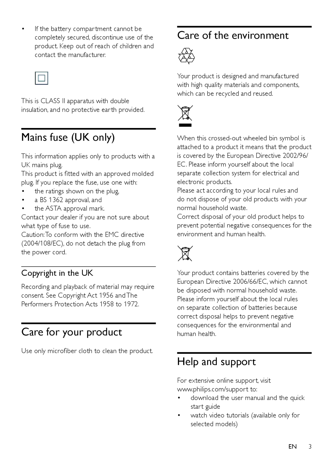 Philips HTL4110B Mains fuse UK only, Care for your product, Care of the environment, Help and support, Copyright in the UK 