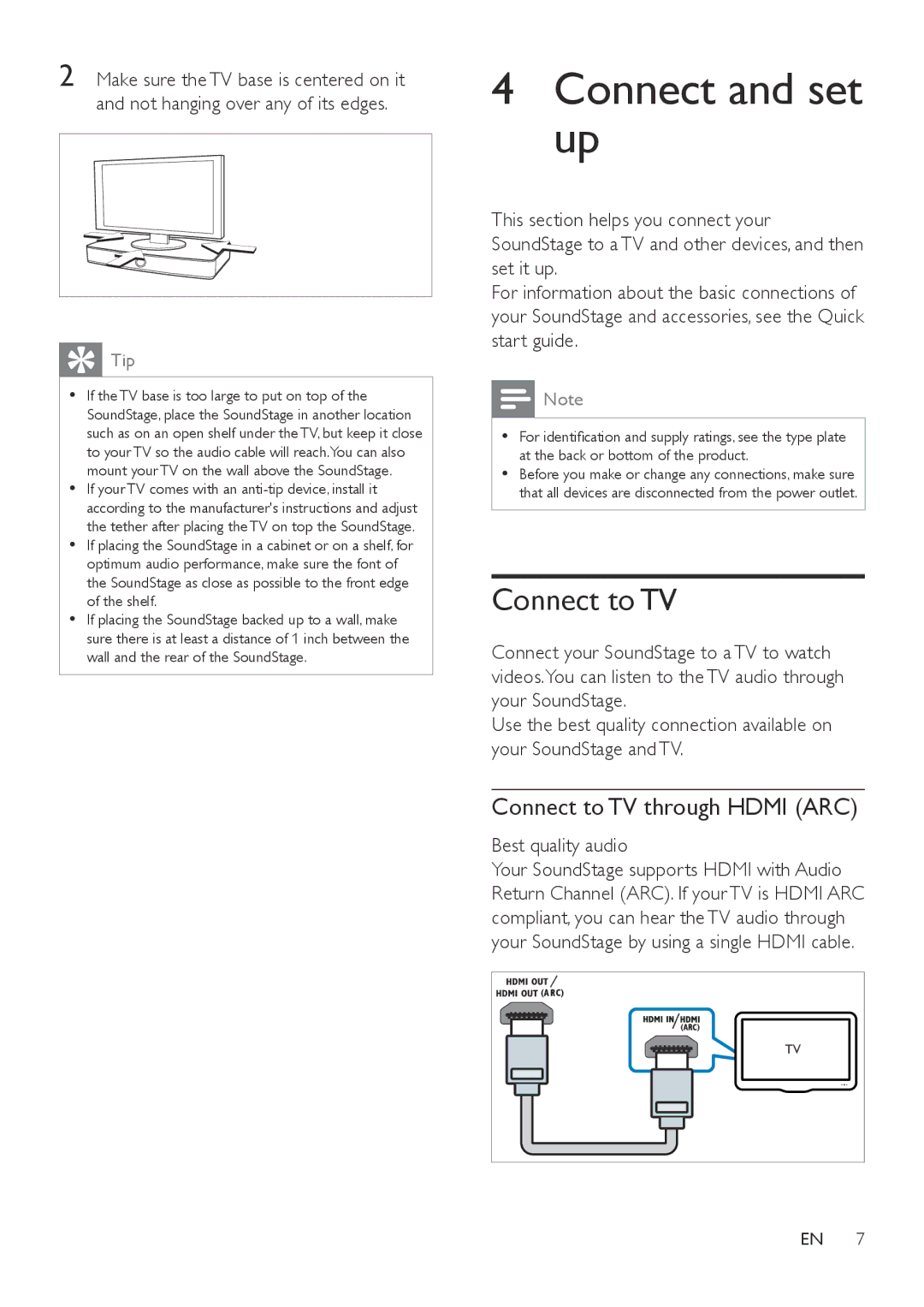 Philips HTL4110B user manual Connect and set up, Connect to TV through Hdmi ARC, Best quality audio 