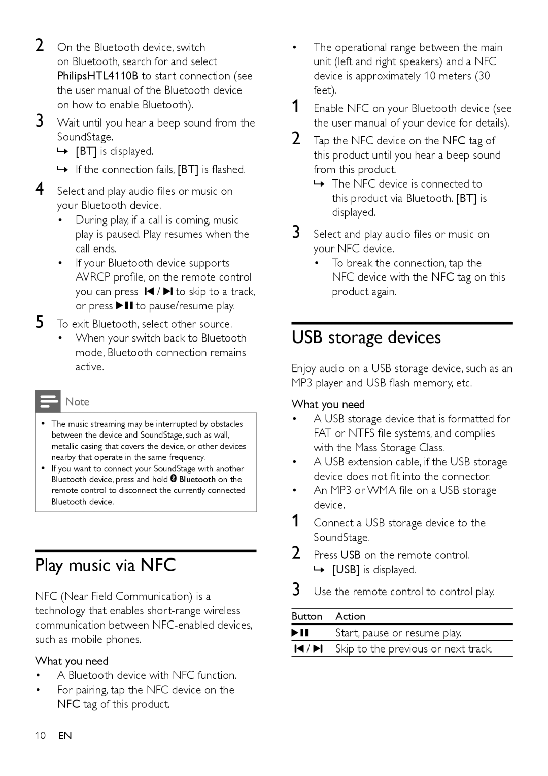 Philips HTL4110B user manual Play music via NFC, USB storage devices 
