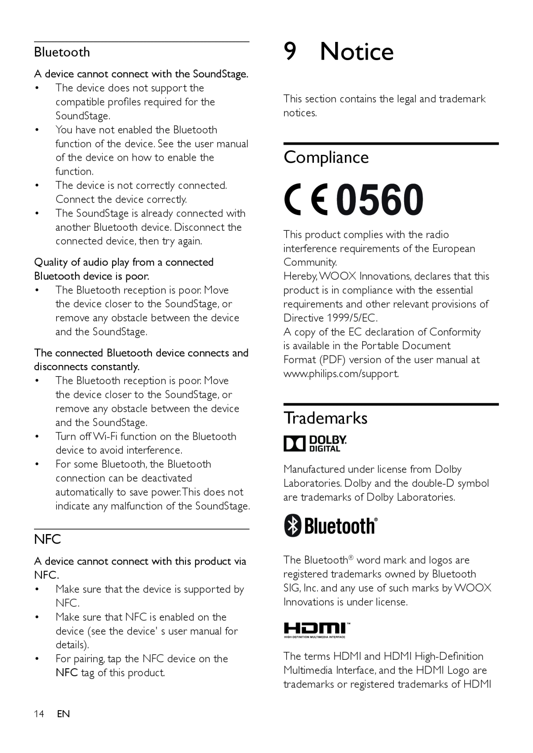 Philips HTL4110B user manual Compliance, Trademarks 
