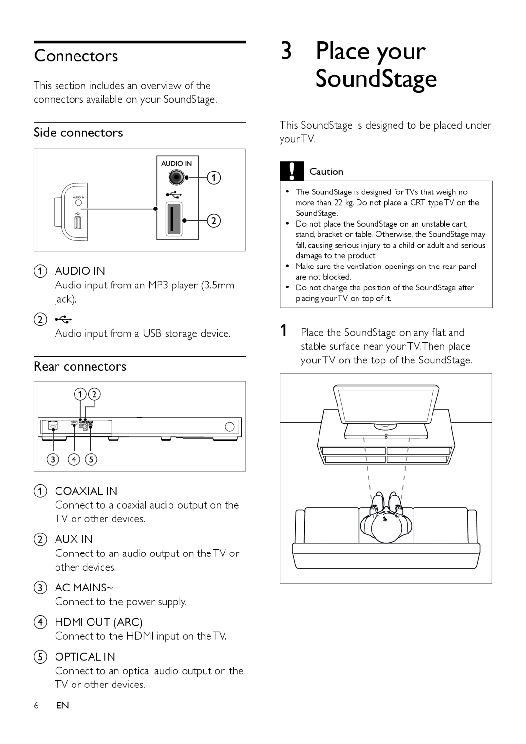 Philips HTL4110B user manual 3Place your SoundStage, Connectors 