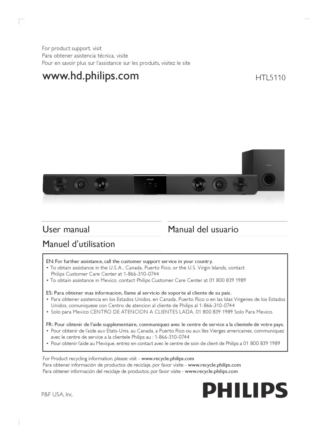 Philips HTL5110F7 user manual Manual del usuario, Manuel d’utilisation, USA, Inc 