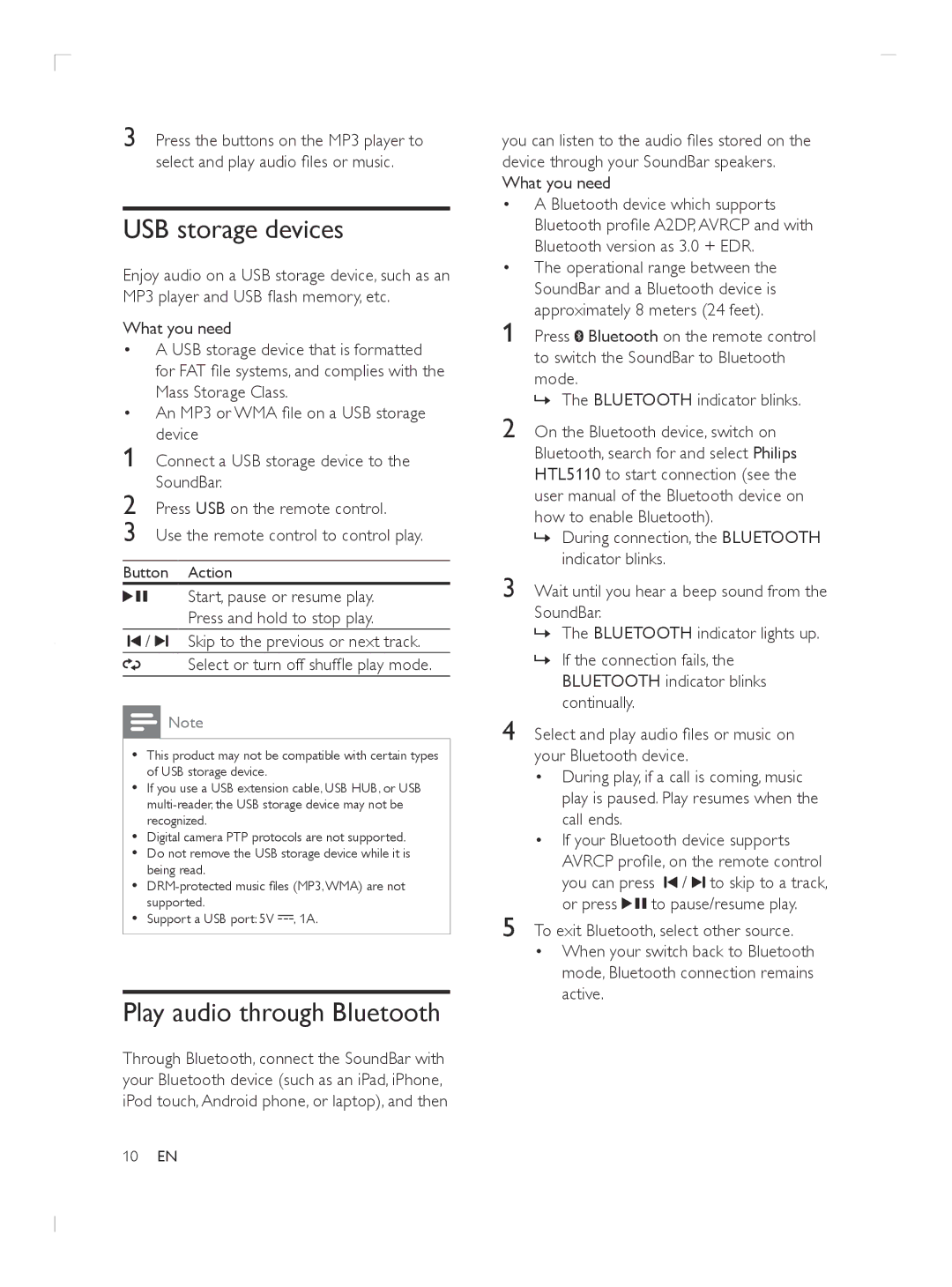 Philips HTL5110F7 USB storage devices, Play audio through Bluetooth, Call ends If your Bluetooth device supports 