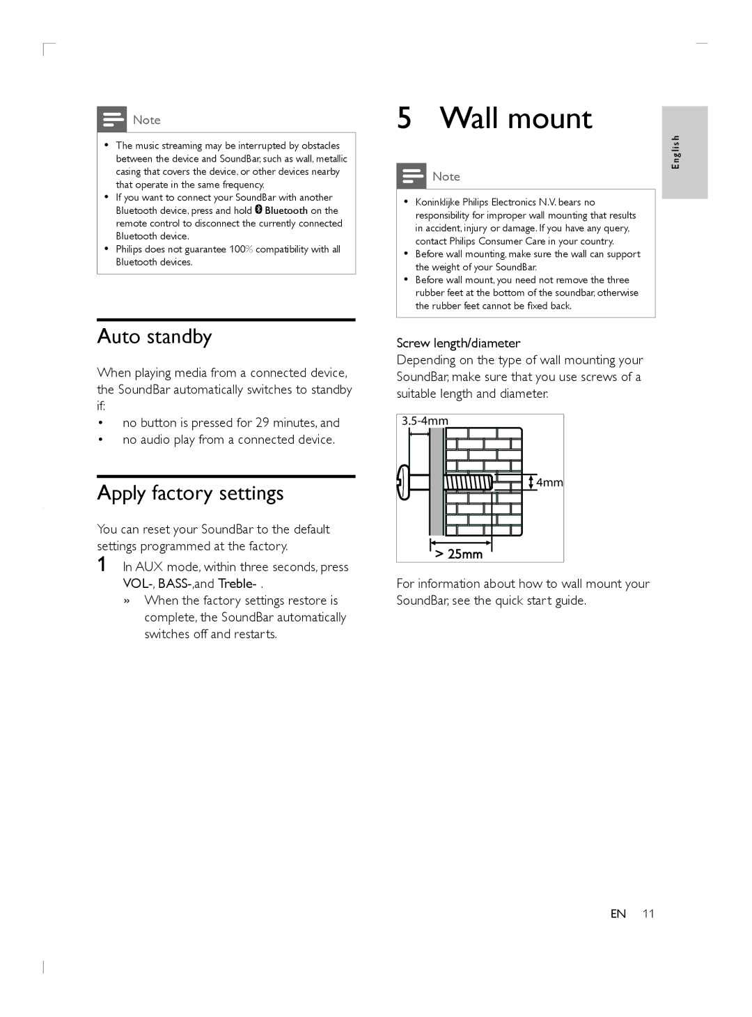 Philips HTL5110F7 user manual Wall mount, Auto standby, Apply factory settings, Screw length/diameter 