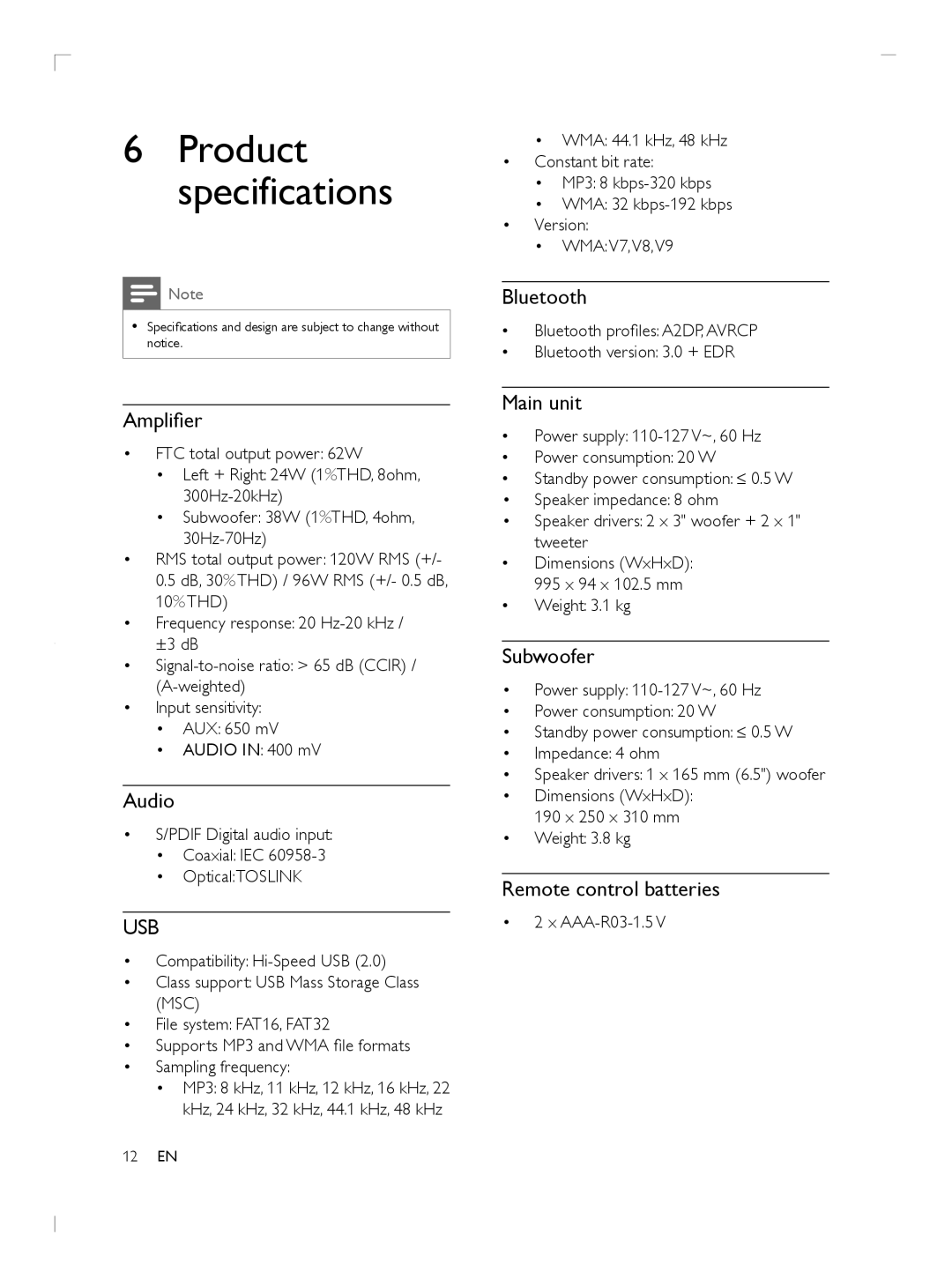 Philips HTL5110F7 user manual Amplifier, Audio, Bluetooth, Main unit, Subwoofer, Remote control batteries 