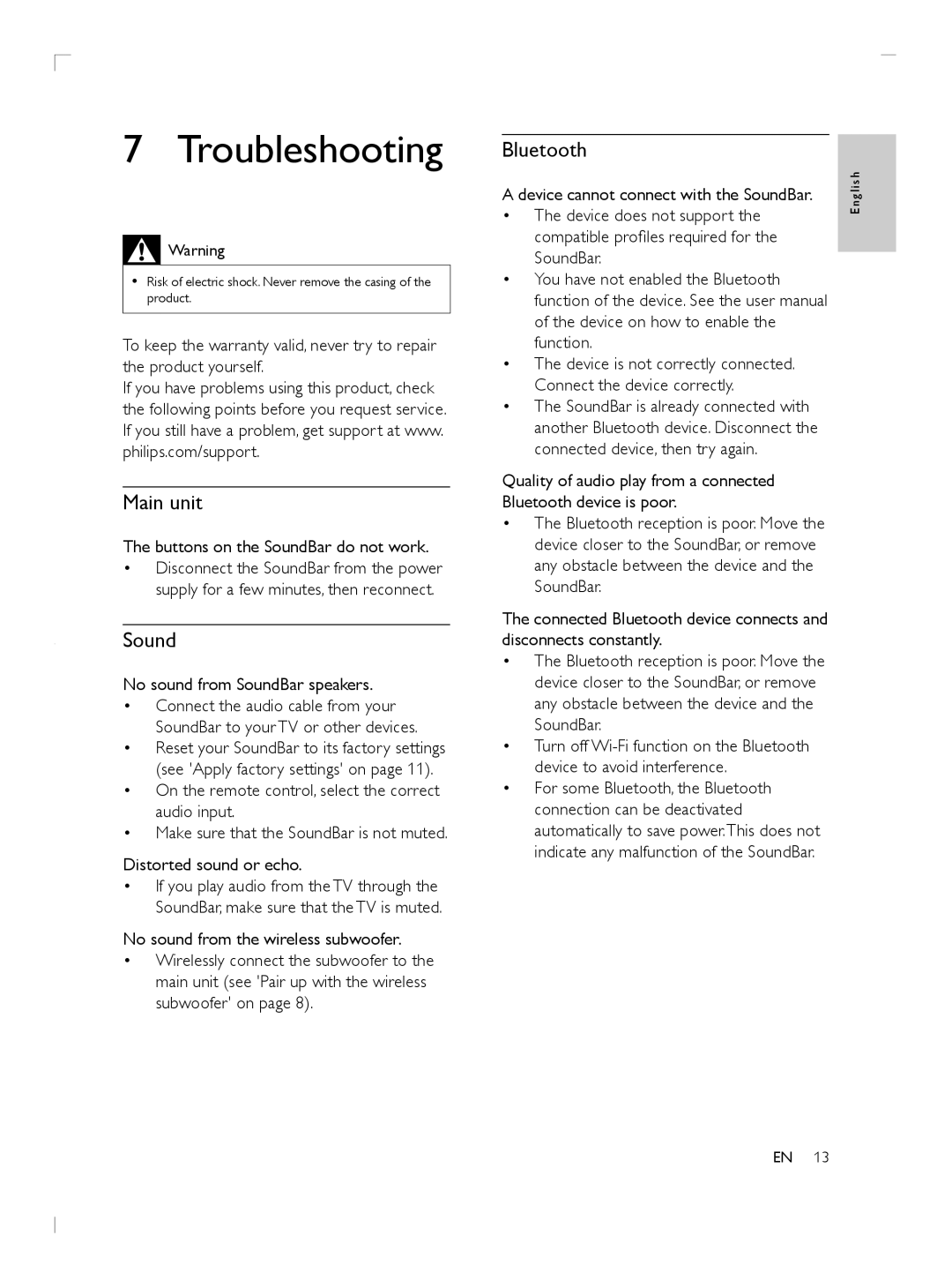 Philips HTL5110F7 user manual Troubleshooting, Buttons on the SoundBar do not work, No sound from SoundBar speakers 