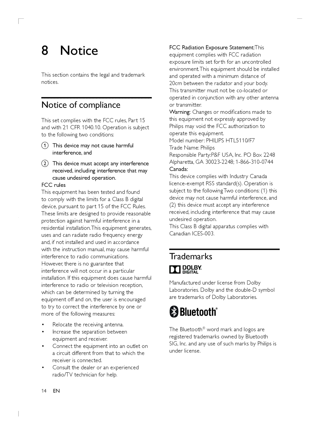 Philips HTL5110F7 user manual Trademarks, This section contains the legal and trademark notices 