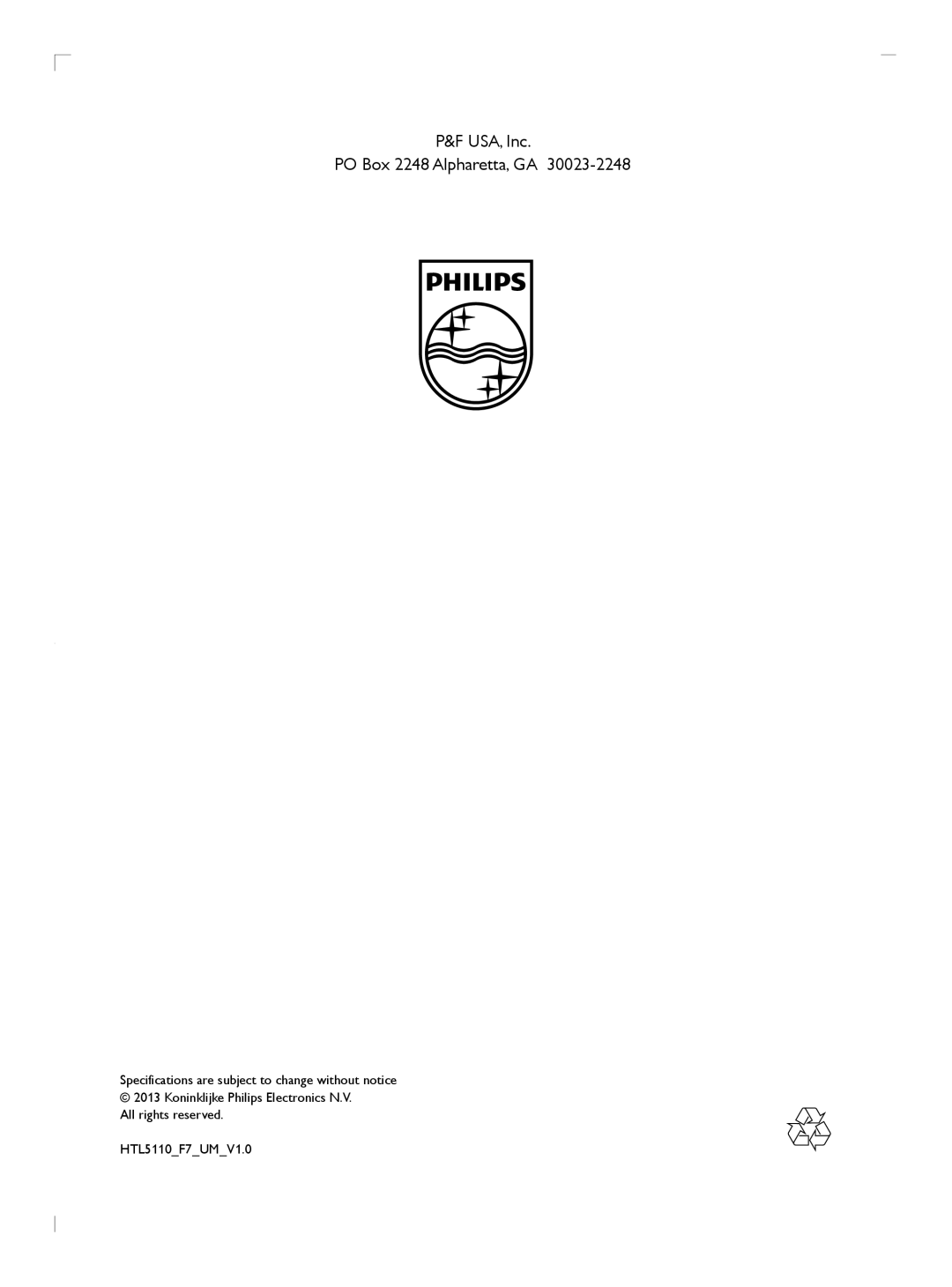 Philips HTL5110F7 user manual USA, Inc PO Box 2248 Alpharetta, GA 