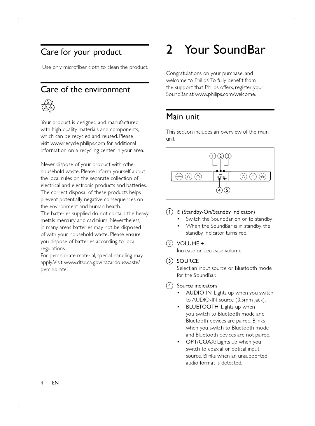 Philips HTL5110F7 user manual Your SoundBar, Care for your product, Care of the environment, Main unit 