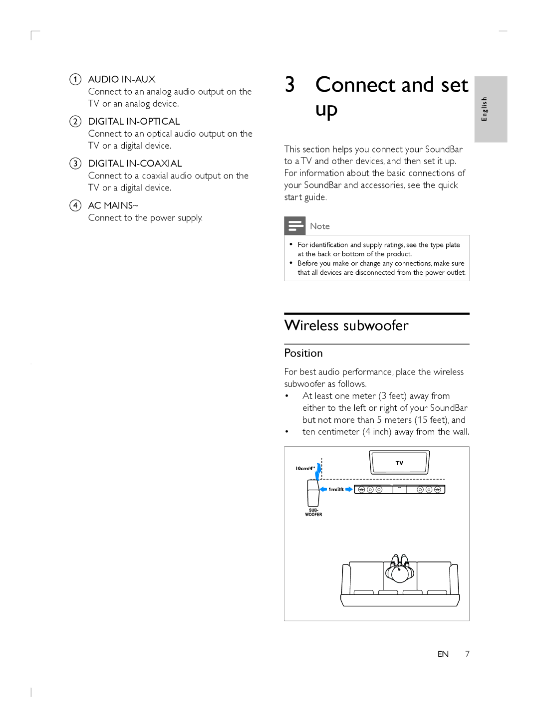 Philips HTL5110F7 user manual Connect and set up, Wireless subwoofer, Position, Connect to the power supply 