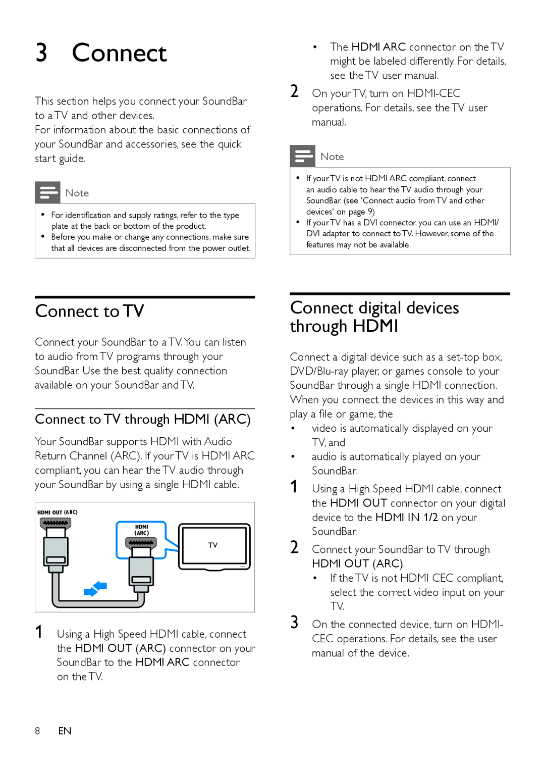 Philips HTL5120 user manual Connect to TV Connect digital devices, Through Hdmi, Connect to TV through Hdmi ARC 