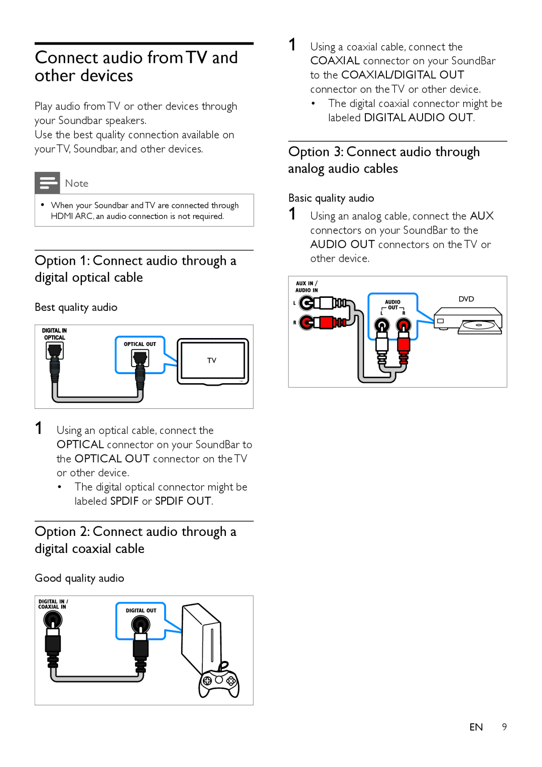 Philips HTL5120 user manual Connect audio from TV and other devices, Option 1 Connect audio through a digital optical cable 