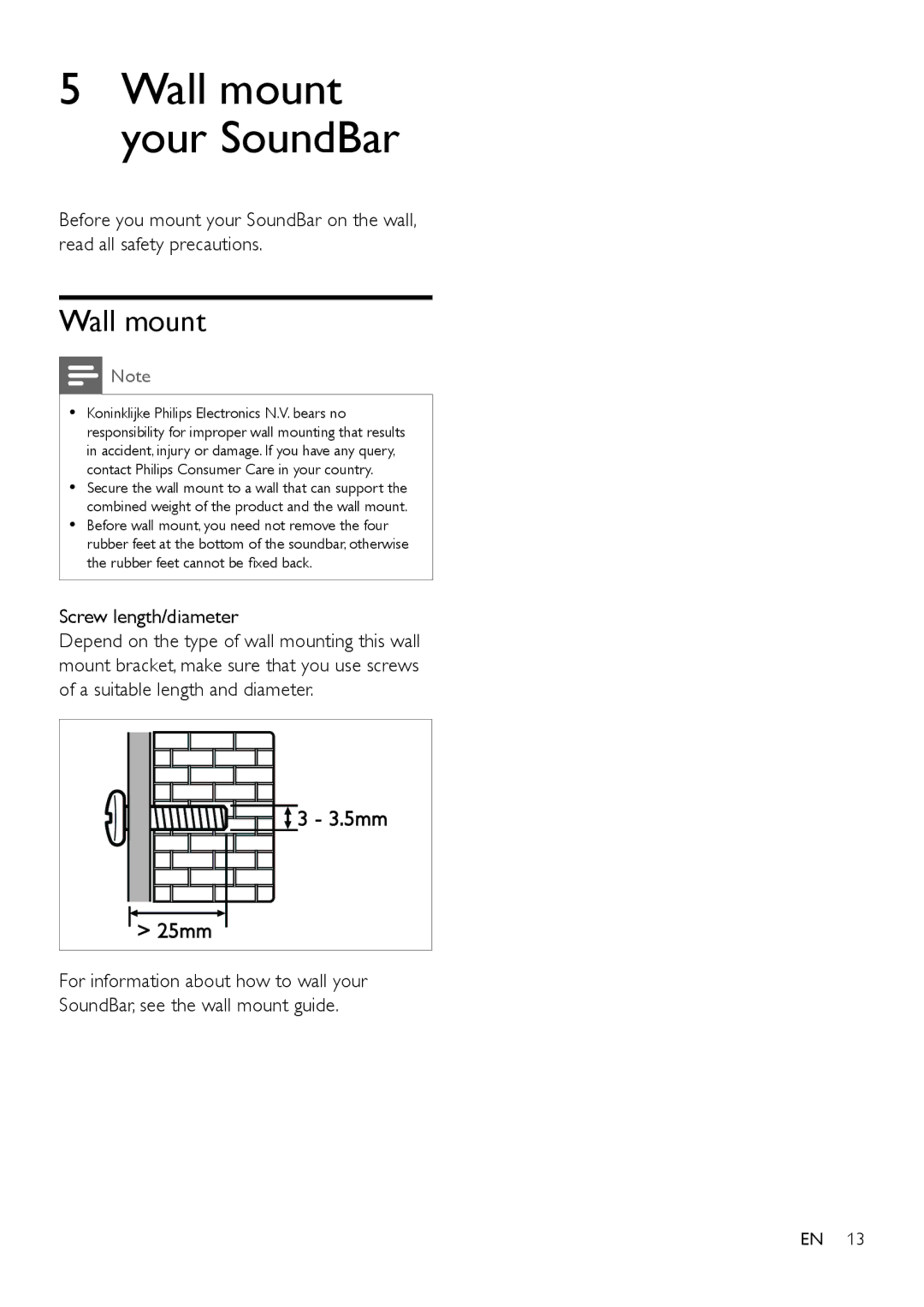 Philips HTL5120 user manual Wall mount, Screw length/diameter 