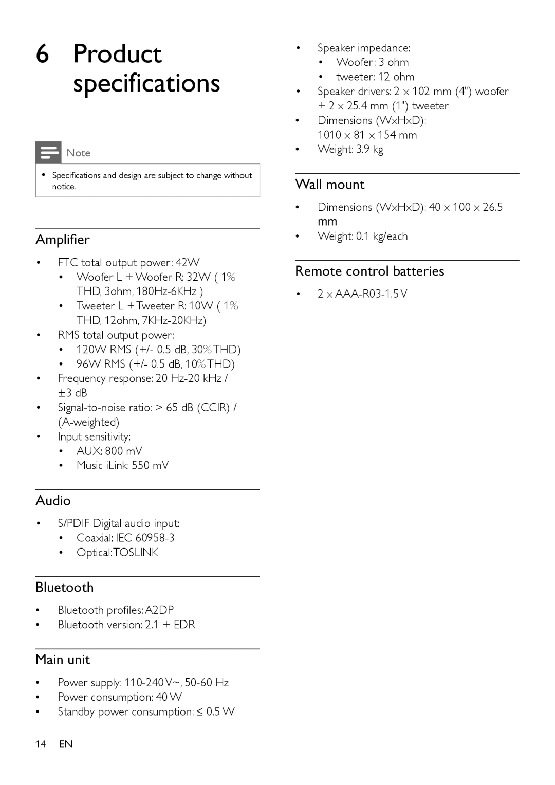 Philips HTL5120 user manual Amplifier, Audio, Bluetooth, Main unit, Wall mount, Remote control batteries 