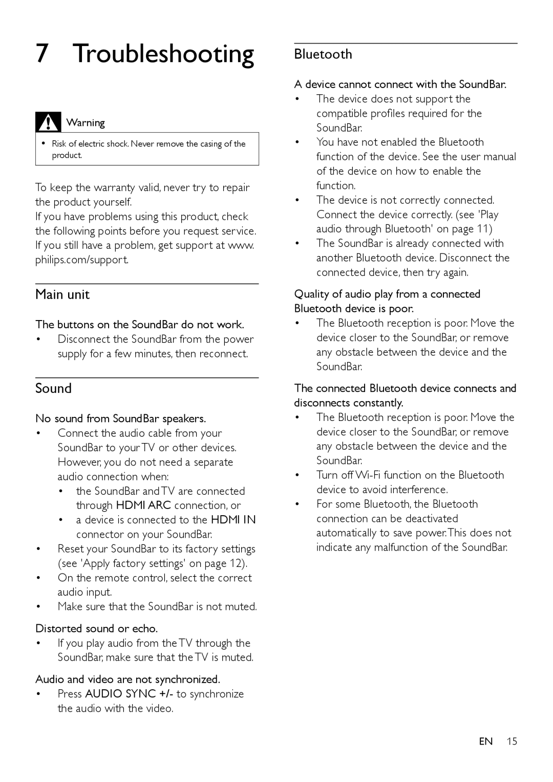 Philips HTL5120 user manual Troubleshooting, Buttons on the SoundBar do not work, No sound from SoundBar speakers 