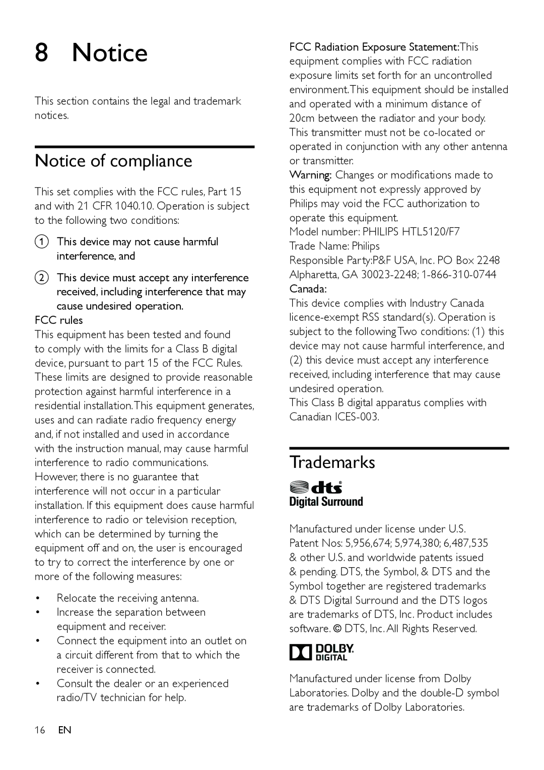 Philips HTL5120 Trademarks, This section contains the legal and trademark notices, Other U.S. and worldwide patents issued 