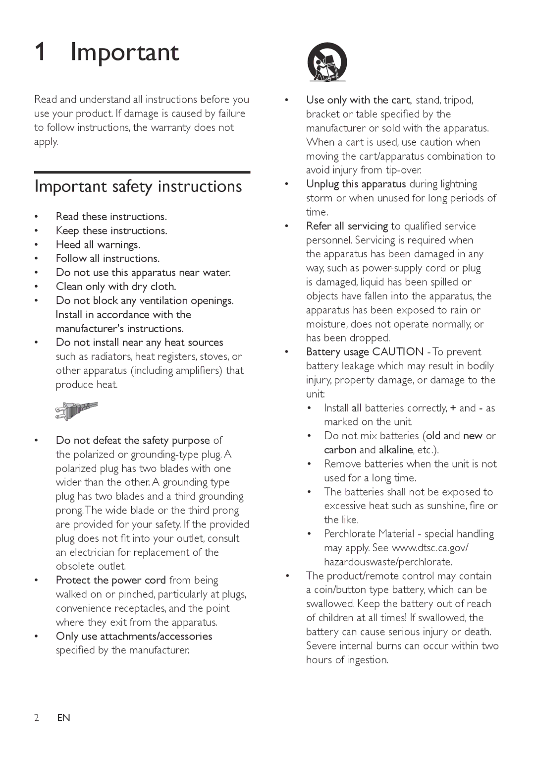 Philips HTL5120 user manual Important safety instructions 