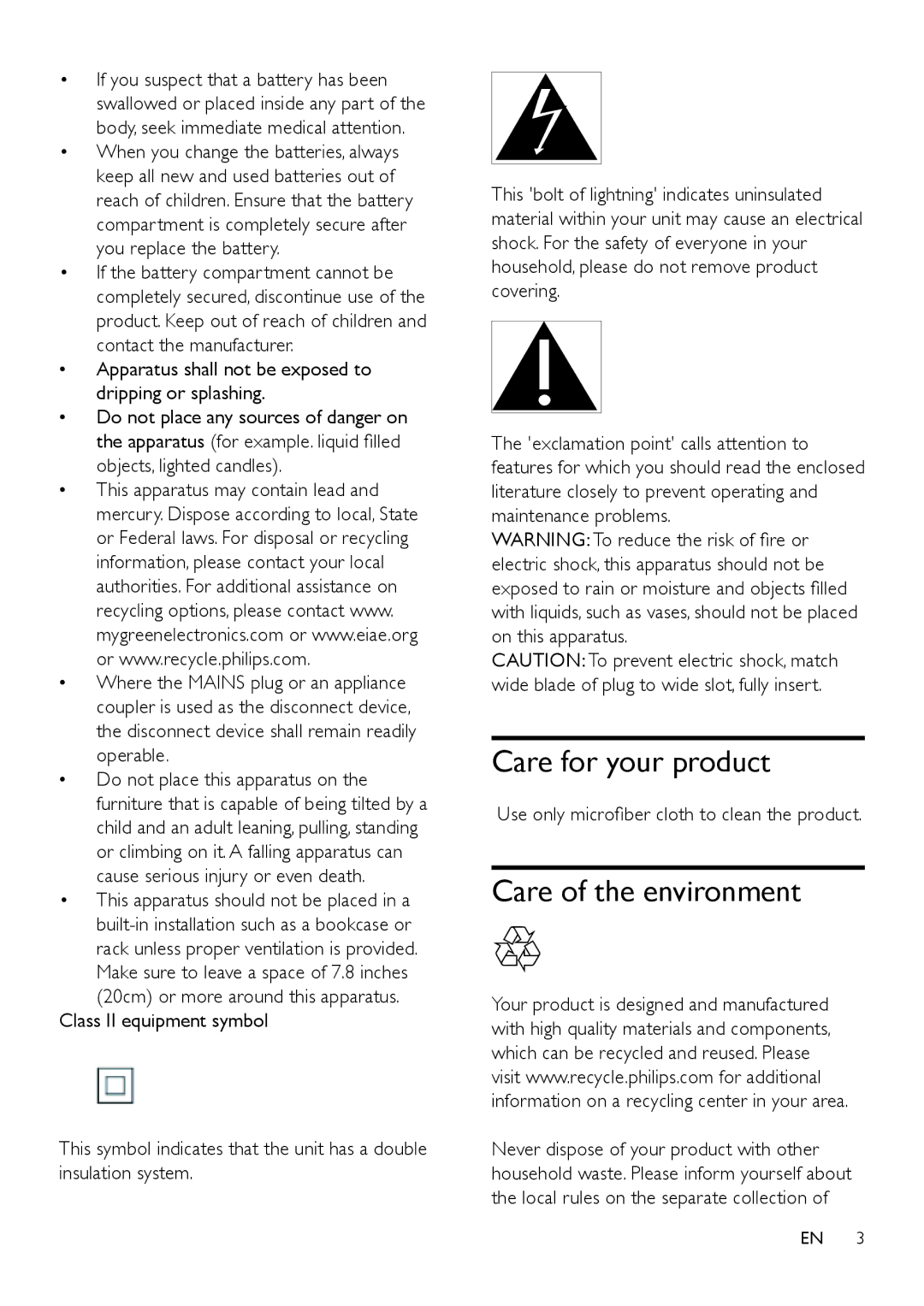 Philips HTL5120 Care for your product, Care of the environment, Apparatus shall not be exposed to dripping or splashing 