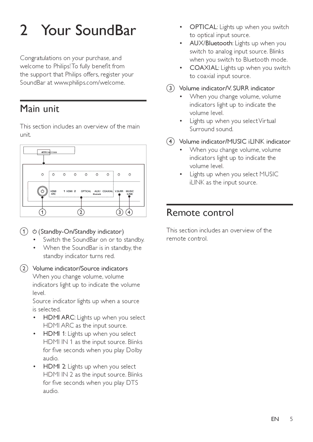 Philips HTL5120 user manual Your SoundBar, Main unit, Remote control, This section includes an overview of the main unit 