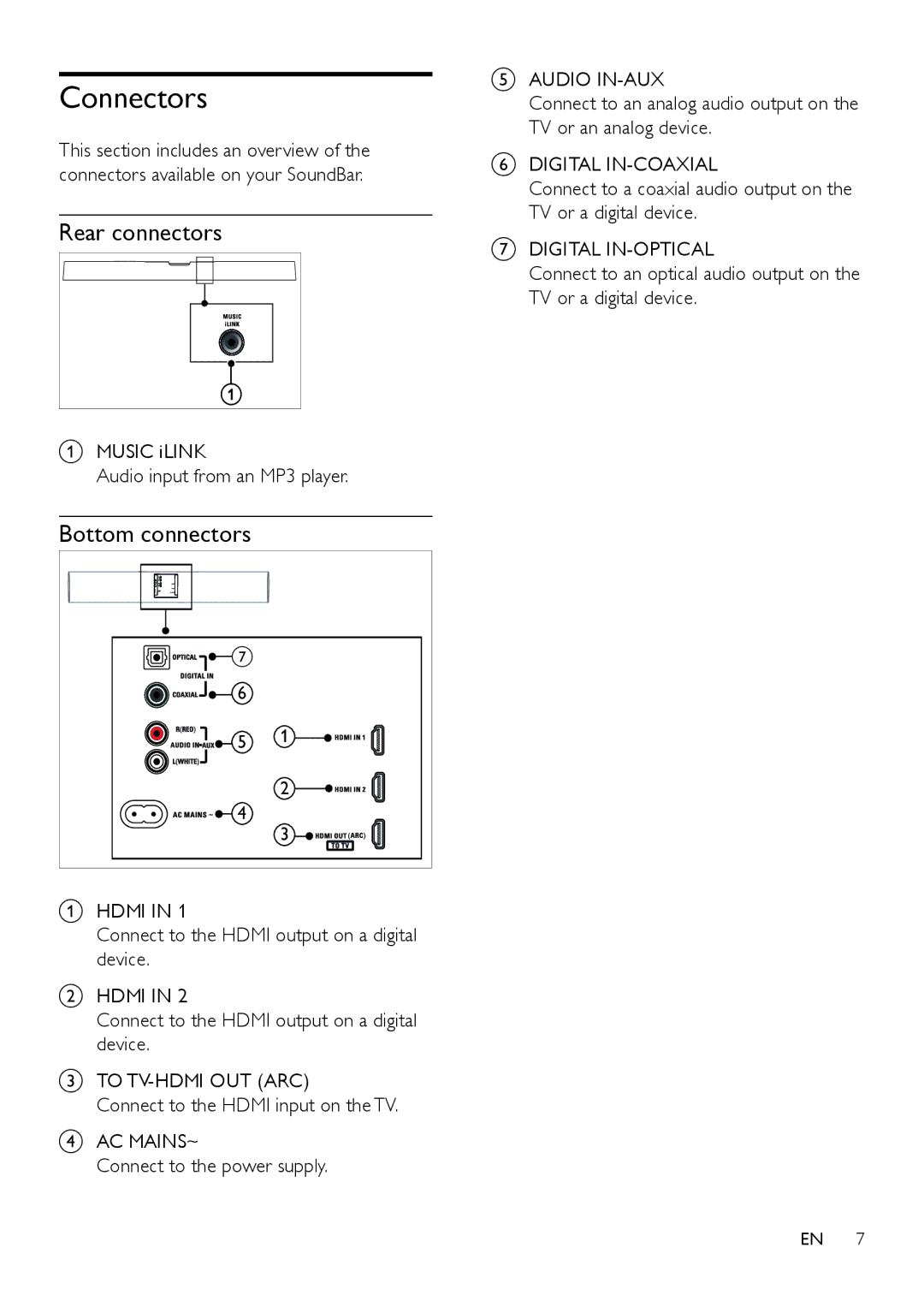 Philips HTL5120 user manual Connectors, Rear connectors, Bottom connectors 