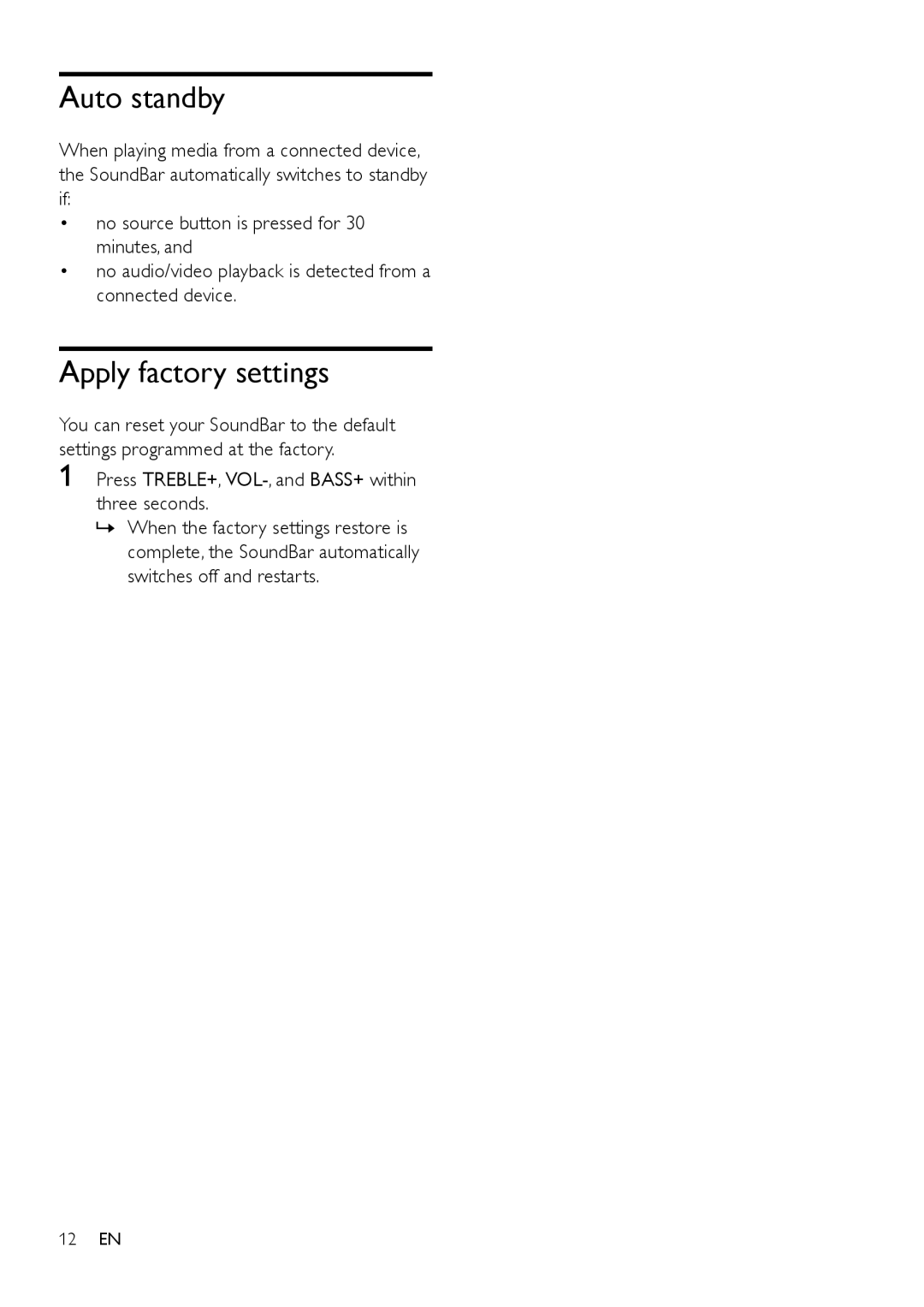 Philips HTL5120 user manual Auto standby, Apply factory settings 