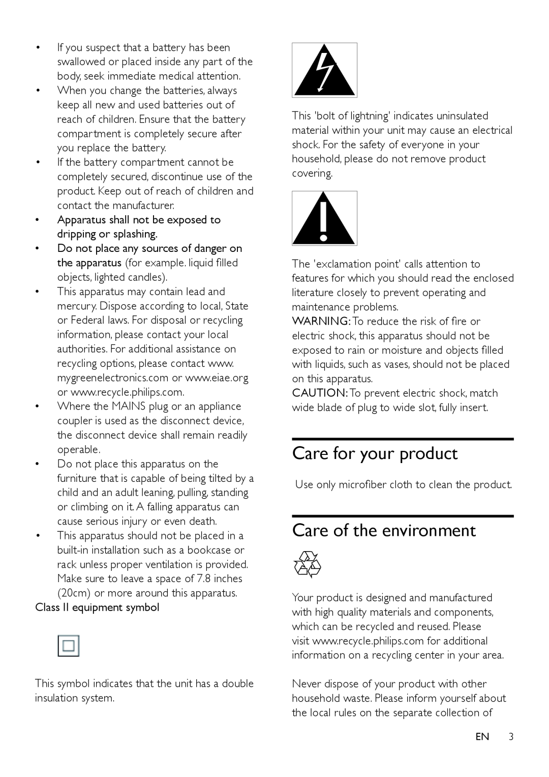 Philips HTL5120 user manual Care for your product, Care of the environment 