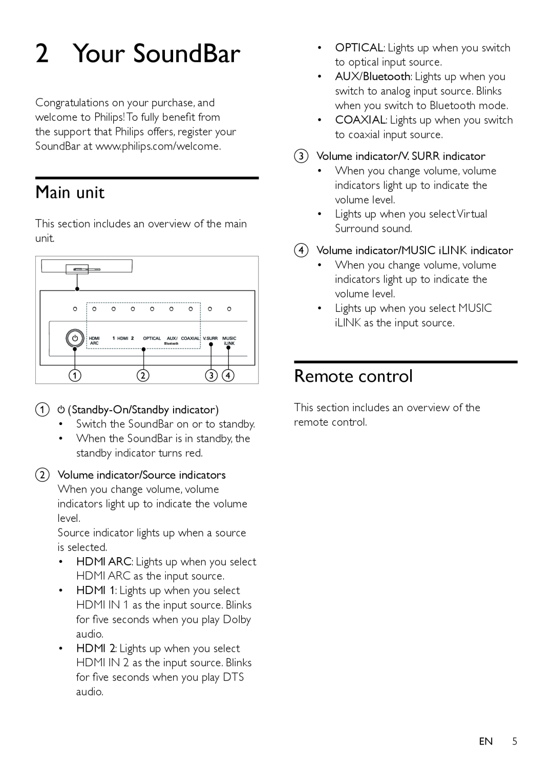 Philips HTL5120 user manual Your SoundBar, Main unit, Remote control 