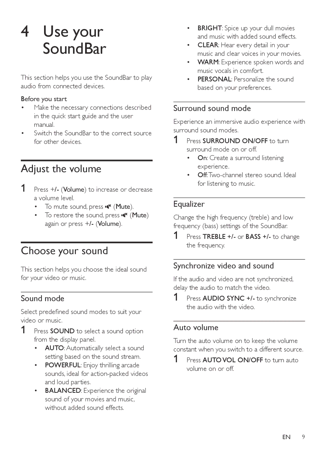 Philips HTL5145B user manual Adjust the volume, Choose your sound 